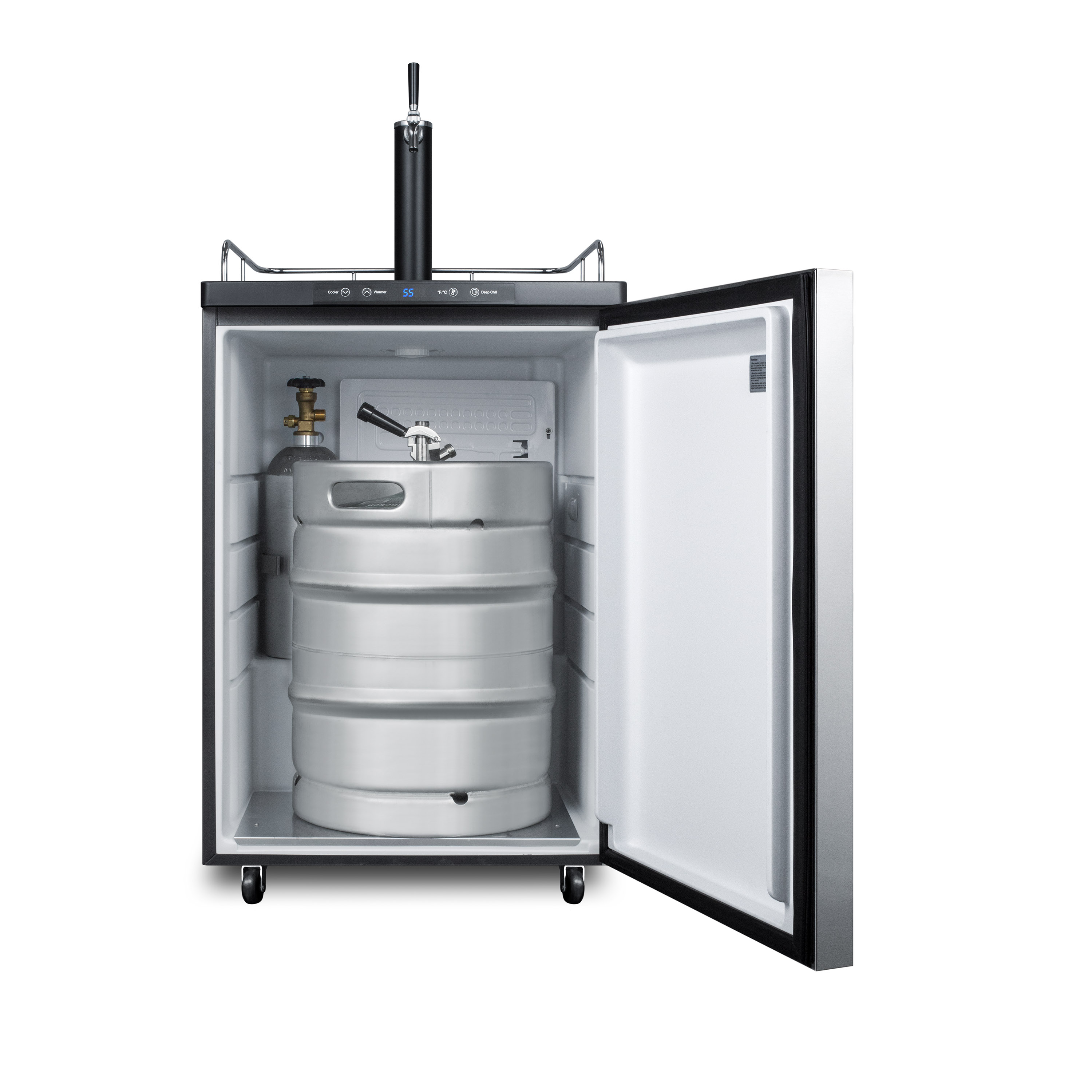 Freestanding residential beer dispenser, auto defrost with digital thermostat, stainless steel wrapped door, horizontal handle and black cabinet